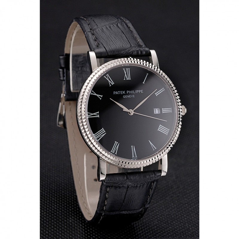Patek Philippe Calatrava Black Dial Roman Numerals Ribbed Bezel Stainless Steel Case Black Leather Strap-2