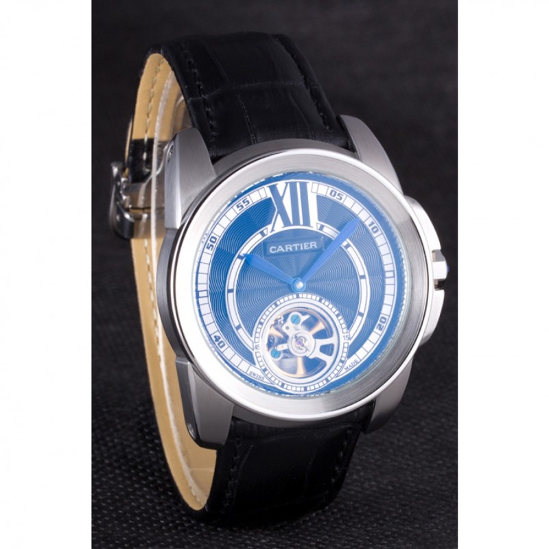 Cartier Calibre Flying Tourbillon Black Dial Stainless Steel Case Black Leather Bracelet-2
