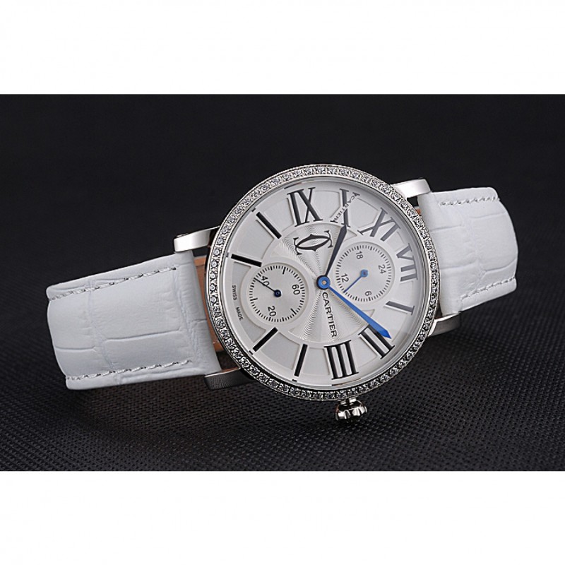 High Quality Replica Watches Cartier Ronde Second Time Zone White Dial Stainless Steel Case With Diamonds White Leather Strap 622803-3