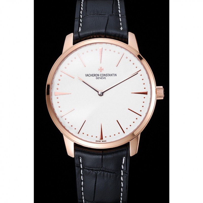 Swiss Vacheron Constantin Patrimony White Dial Rose Gold Case Black Leather Bracelet 1454165-1