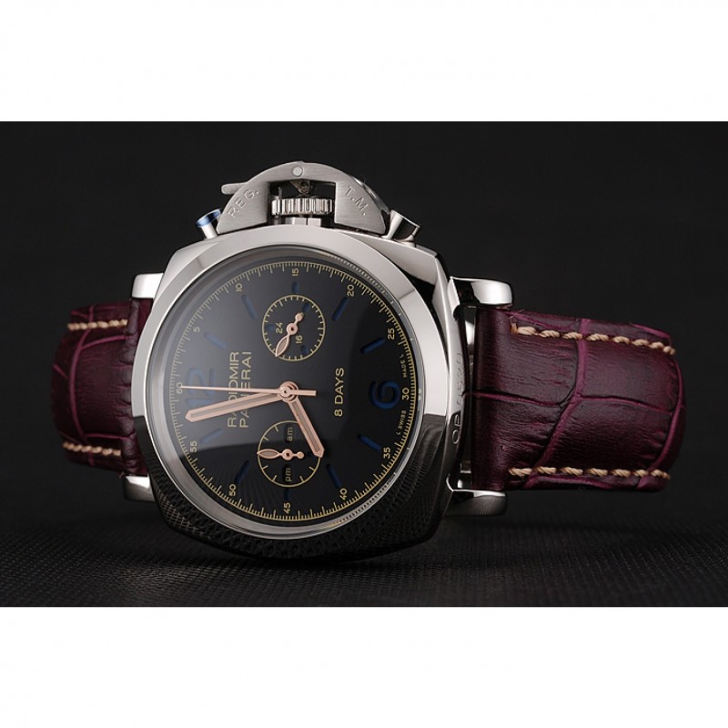 Panerai Radiomir 8 Days Chronograph Black Dial Stainless Steel Case Plum Leather Strap 1453795-3