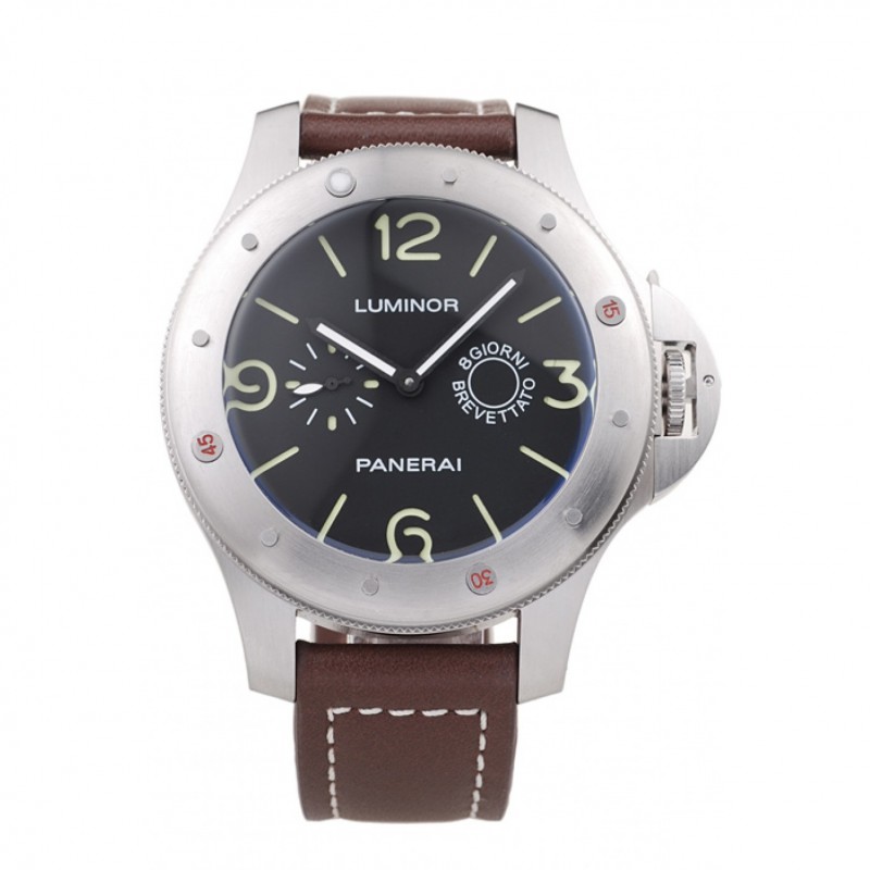 Panerai Luminor Brushed Stainless Steel Case Black Dial Dark Brown Leather Strap-0
