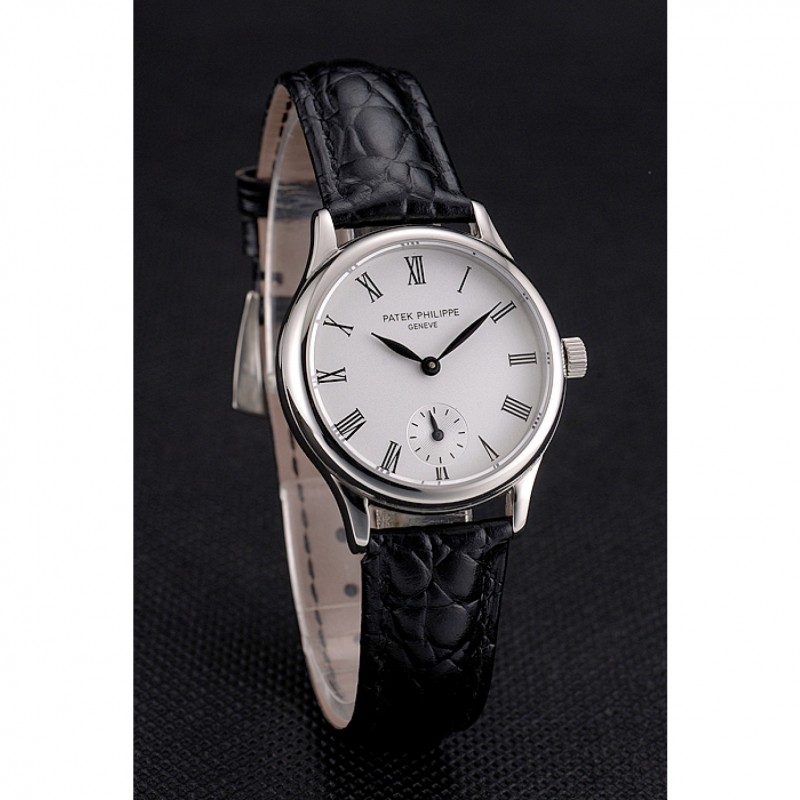 Patek Philippe Calatrava White Dial Roman Numerals Stainless Steel Case Black Leather Strap-2
