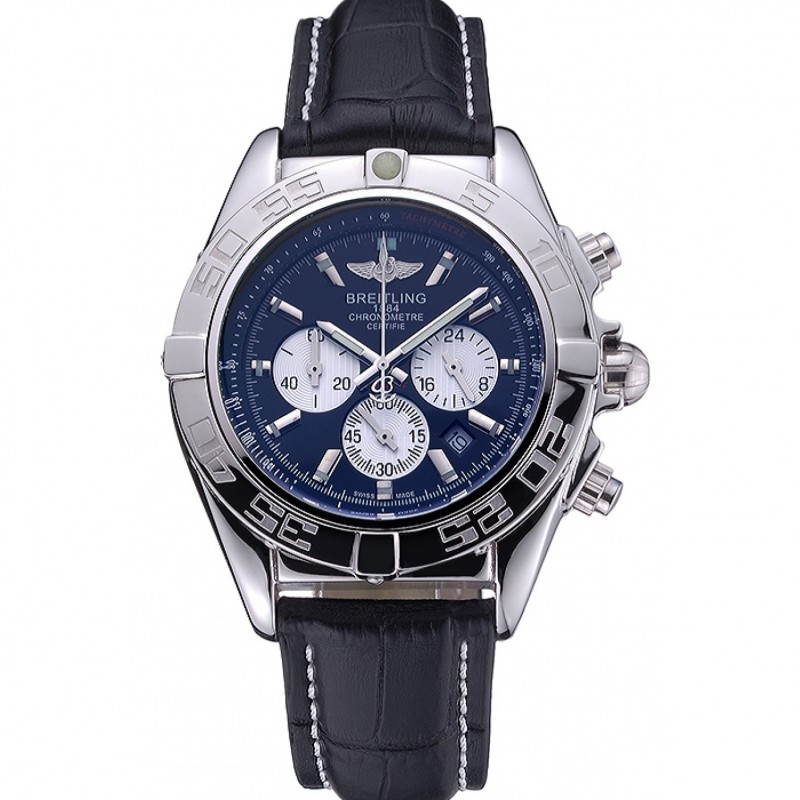 High Quality Breitling Chronomat 44 Black Dial with White Subdials Black Leather Bracelet 622511-0