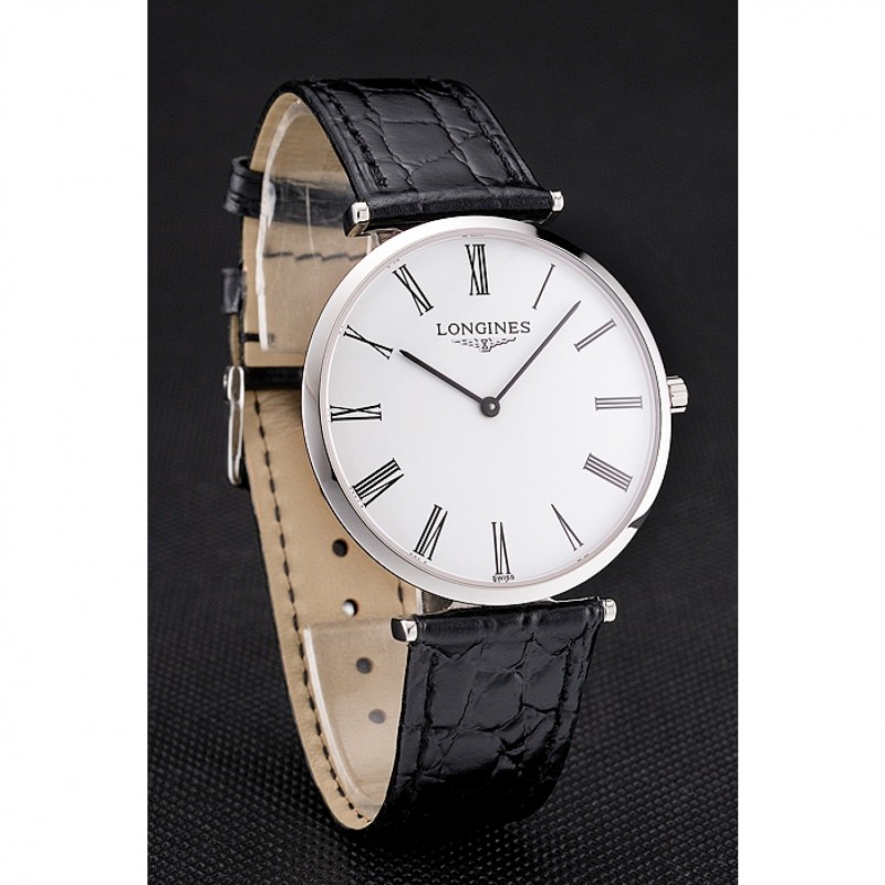 SS Swiss Longines Grande Classique White Dial Roman Numerals Stainless Steel Case Black Leather Strap-2
