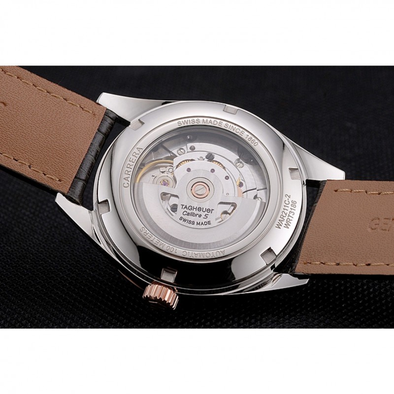 Best Replica Watches Swiss Tag Heuer Carrera Calibre 5 Gray Dial Rose Gold Case Black Leather Strap-8