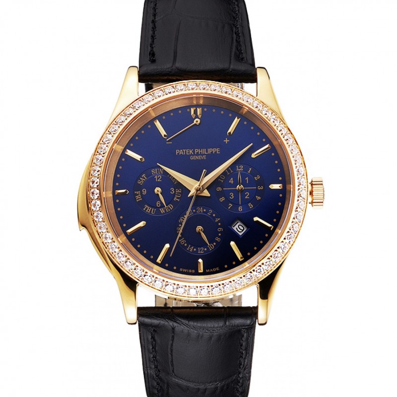 Swiss Patek Philippe Grand Complications Perpetual Calendar Blue Dial Gold Case Diamond Bezel Black Leather Strap-0