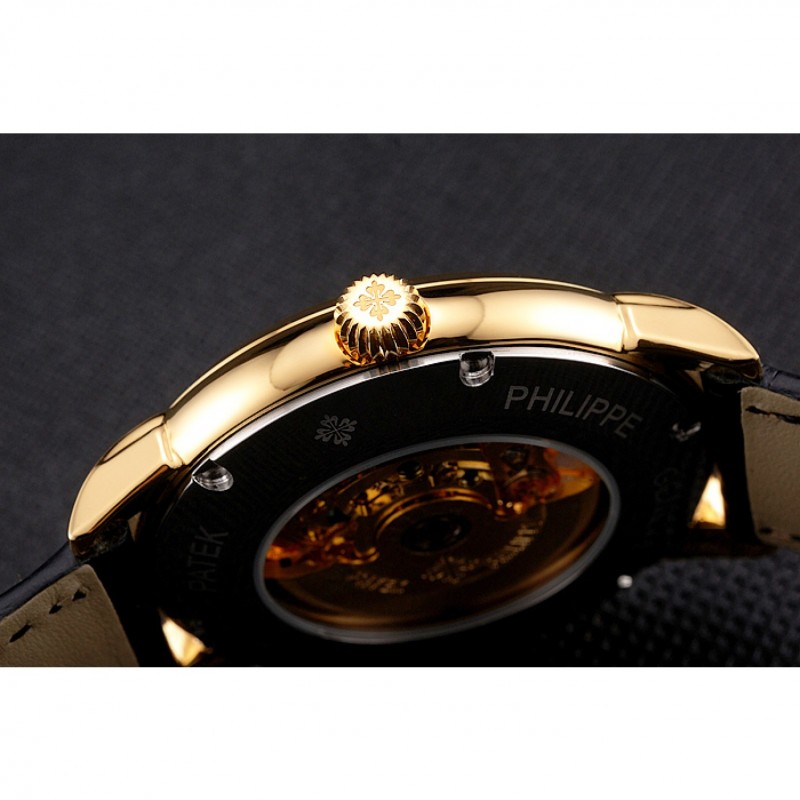 Swiss Patek Philippe Complications Openworked Dial Gold Case Black Leather Strap-8