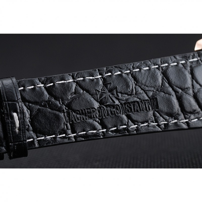 AAA Swiss Vacheron Constantin Patrimony Black Dial Rose Gold Diamonds Case Black Leather Bracelet 1454175-6