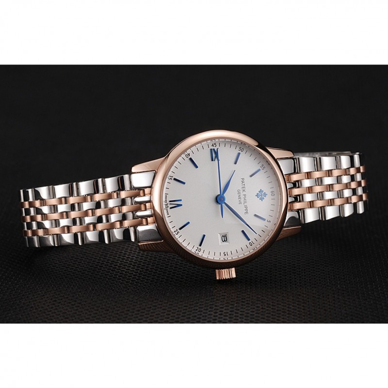 Patek Philippe Calatrava Ladies White Dial Blue Numerals Rose Gold Case Two Tone Bracelet 1453830-3