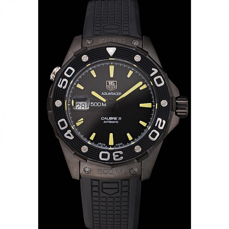 AAA Replica Watches Swiss Tag Heuer Aquaracer Calibre 5 Black Dial Black Bezel Black Case Black Rubber Strap-1