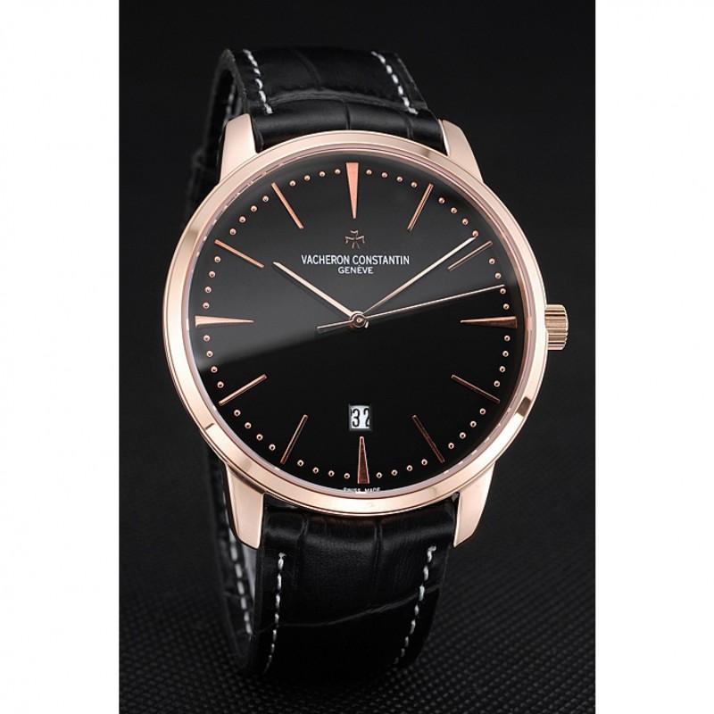 Swiss Vacheron Constantin Patrimony Black Dial Rose Gold Case Black Leather Bracelet 1454168-2
