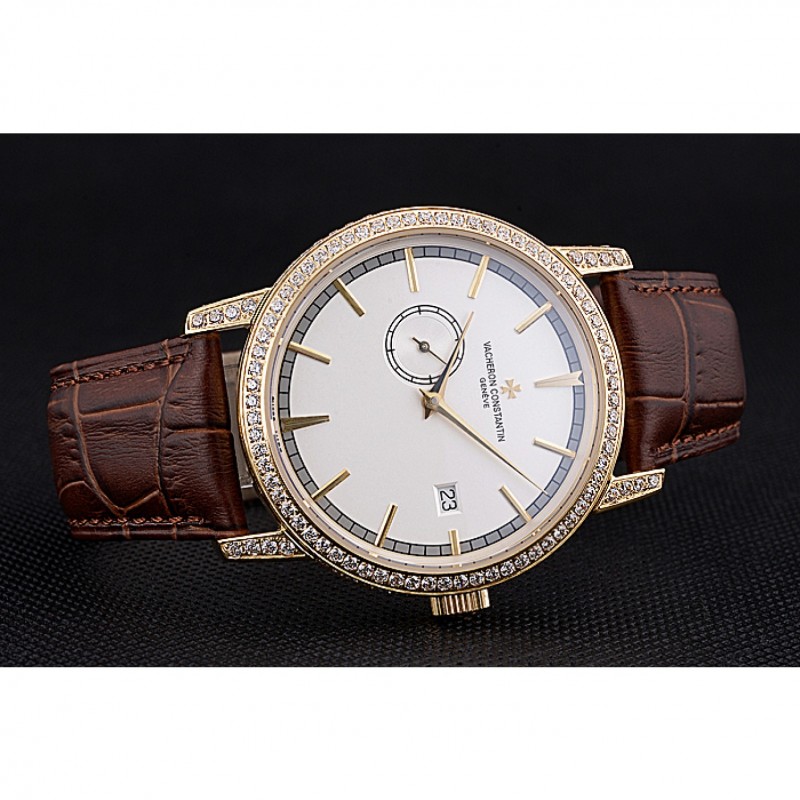 Luxury Replica Watches Swiss Vacheron Constantin Patrimony Contemporaine Gold Diamond Case White Dial Brown Leather Bracelet 622686-3