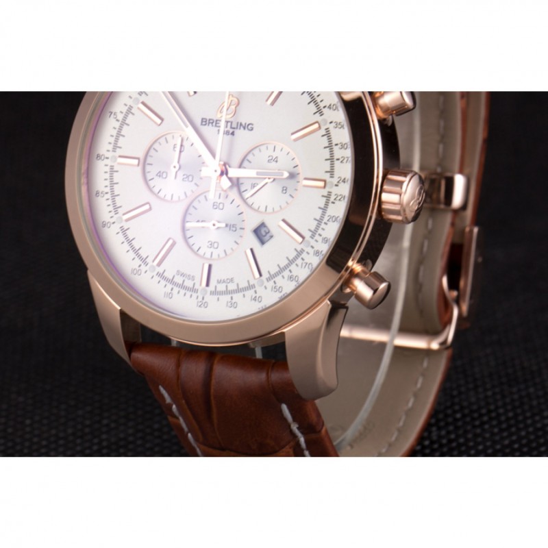 Breitling Transocean White Dial Brown Leather Strap Rose Gold Bezel-5