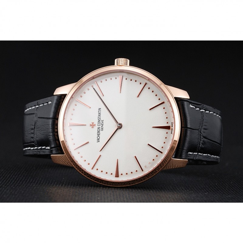 Swiss Vacheron Constantin Patrimony White Dial Rose Gold Case Black Leather Bracelet 1454165-3