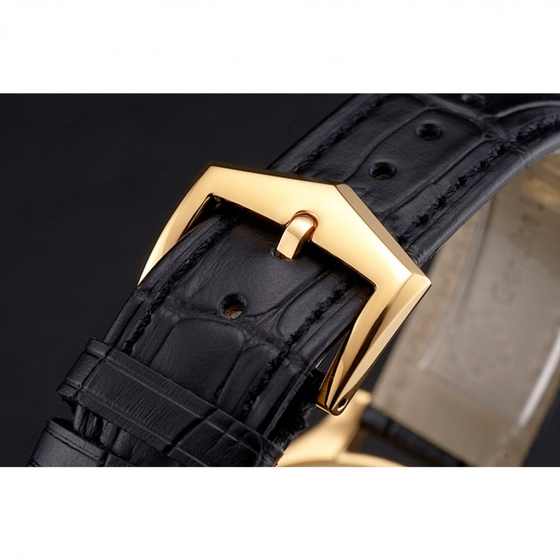 Swiss Patek Philippe Calatrava Gold Dial Diamond Markings Gold Case Black Leather Strap-5