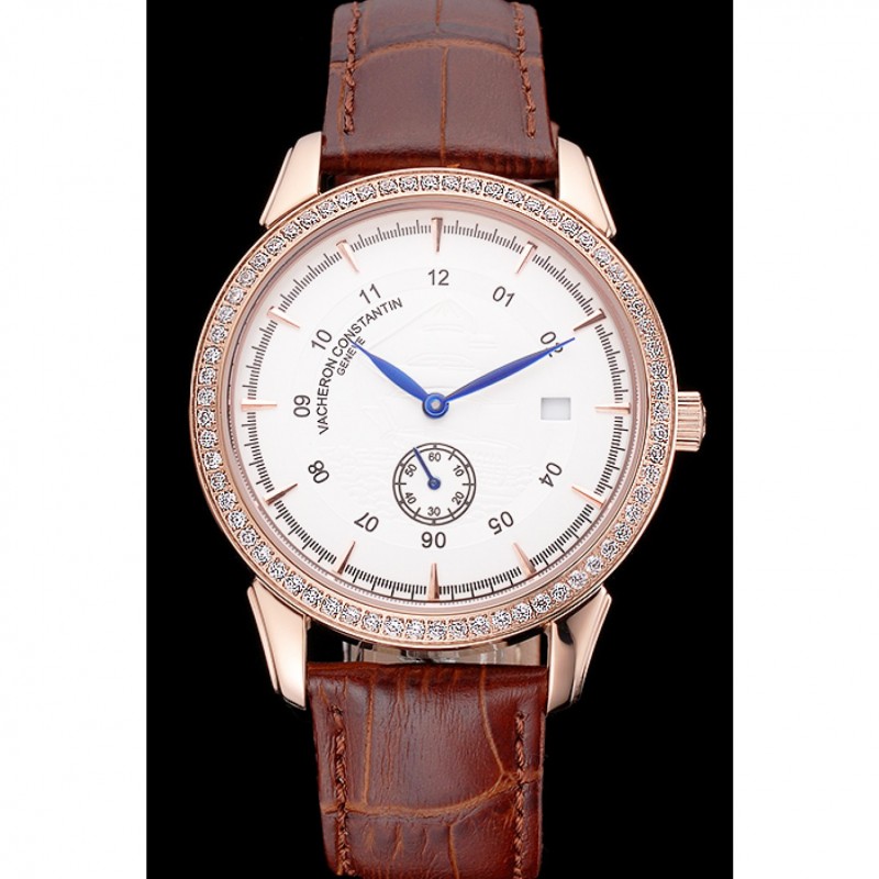 Luxury Vacheron Constantin Traditionnelle White Ship Dial Rose Gold Case With Diamonds Brown Leather Strap-1
