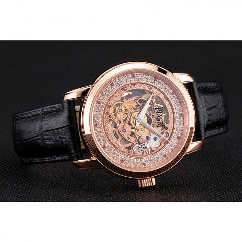 SS Replica Watches Swiss Piaget Altiplano Rose Gold Skeleton Dial With Diamonds Rose Gold Case Black Leather Strap-4