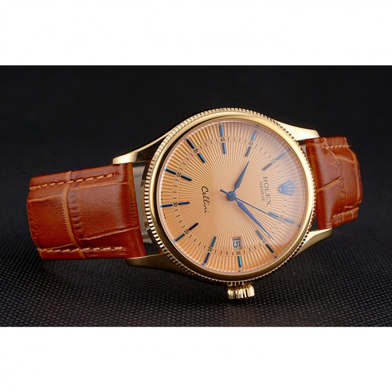 Swiss Rolex Cellini Date Gold Guilloche Dial Gold Case Light Brown Leather Strap-3
