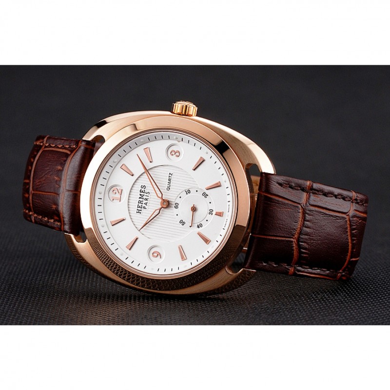 Hermes Dressage White Dial Rose Gold Case Brown Leather Strap-4
