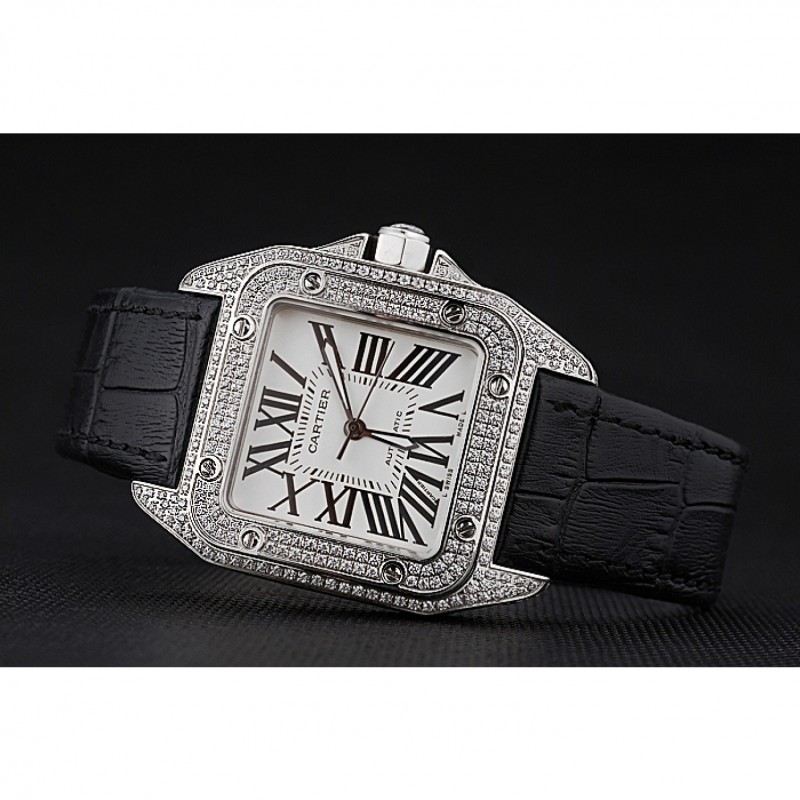 Swiss Cartier Santos Dumont Diamond Case White Dial Roman Numerals Black Leather Bracelet 622652-4