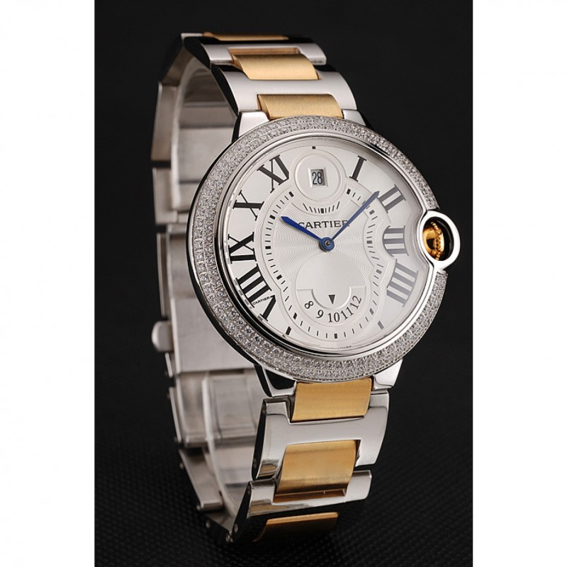 Swiss Cartier Ballon Bleu Two Timezone White Dial Diamond Case Gold And Silver Bracelet 1453876-1