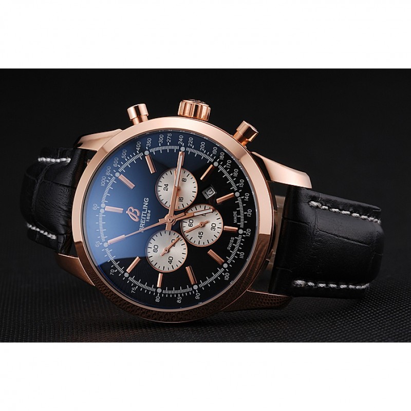High Quality Replica Watches Breitling Transocean Black Dial Black Leather Strap Rose Gold Bezel 98204-3