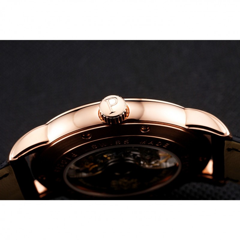 SS Swiss Piaget Altiplano Skeleton Dial With Diamonds Rose Gold Case Black Leather Strap-8