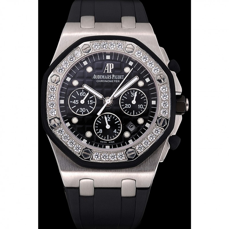 Swiss Audemars Piguet Royal Oak Chronometer Black Dial Diamond Bezel Stainless Steel Case Black Rubber Strap 622867-1