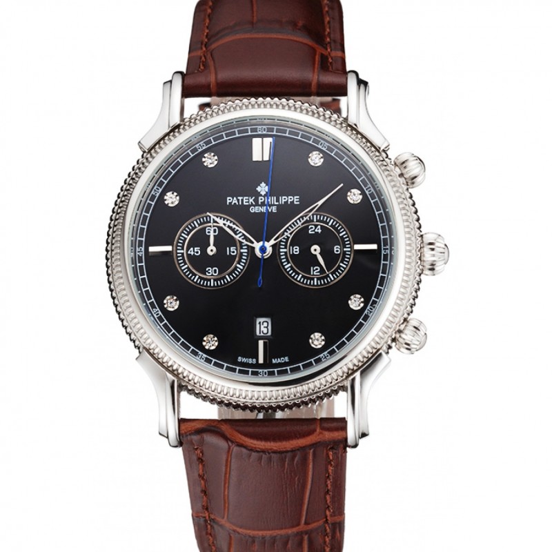 Patek Philippe Chronograph Black Dial With Diamonds Stainless Steel Case Brown Leather Strap-0