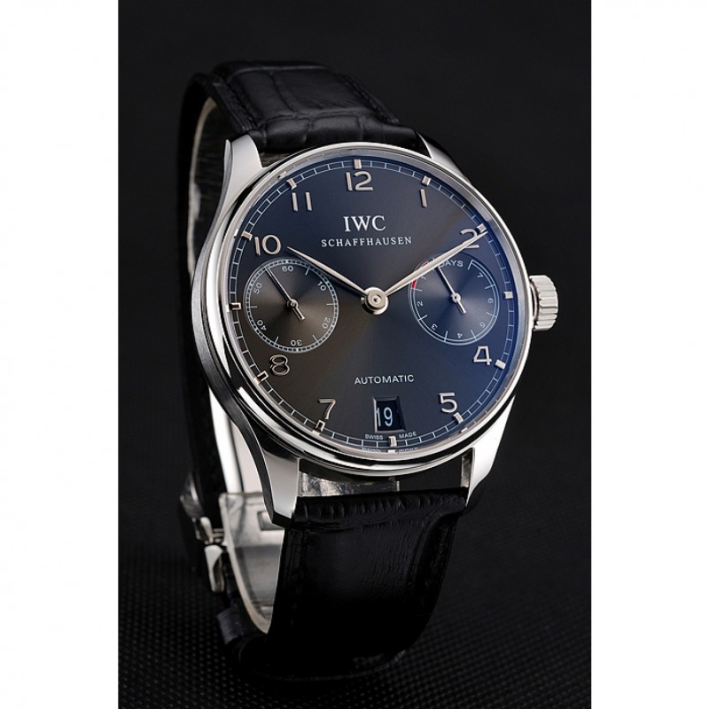 Swiss IWC Portuguese Black Dial Black Subdials Silver Case Black Leather Bracelet 1453906-1