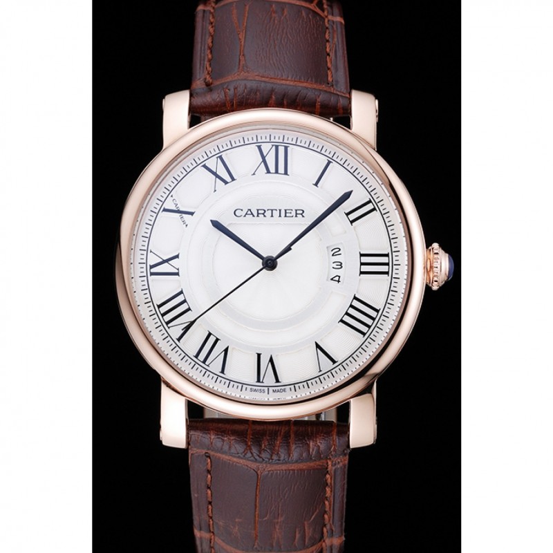 Cartier Rotonde White Dial Gold Case Brown Leather Bracelet 1454221-1