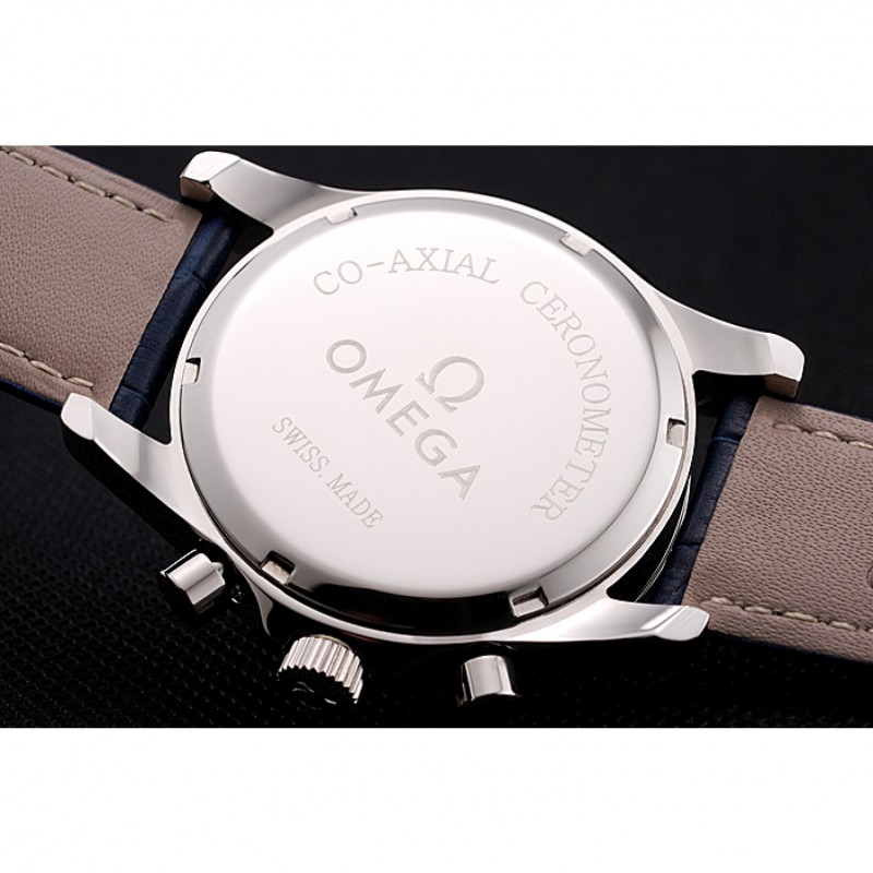 SS Replica Watches Omega Chronograph Black Dial Stainless Steel Case Blue Leather Strap-7