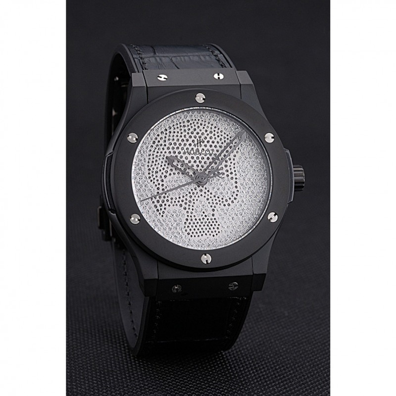 Hublot Classic Fusion Diamond Skull Dial Black Steel Case Black Leather Strap 622815-2