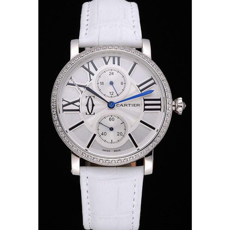 High Quality Replica Watches Cartier Ronde Second Time Zone White Dial Stainless Steel Case With Diamonds White Leather Strap 622803-1