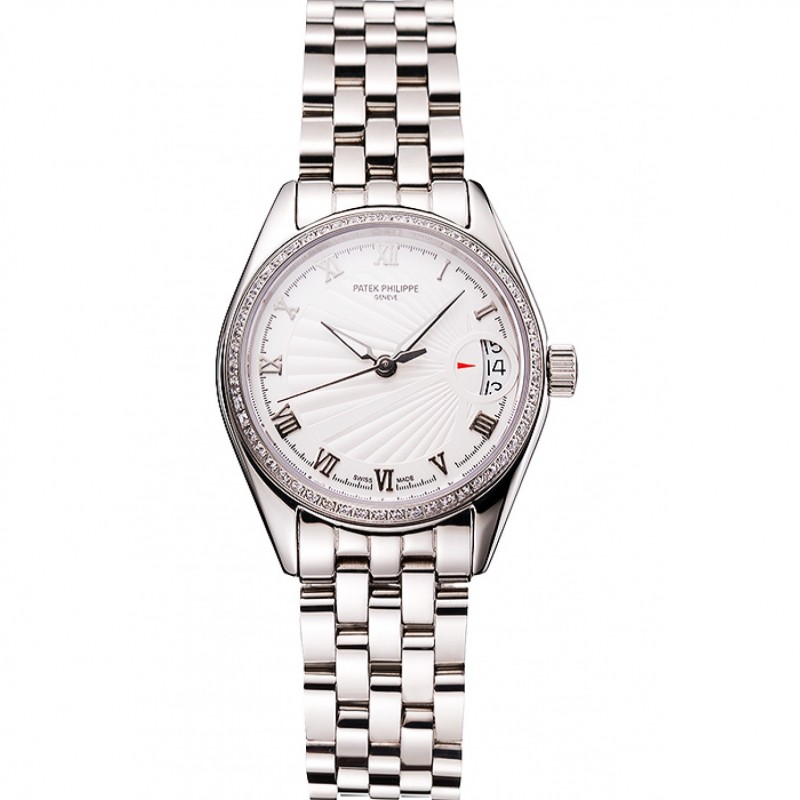AAA Replica Watches Swiss Patek Philippe Calatrava White Dial Diamond Bezel Stainless Steel Case And Bracelet-0