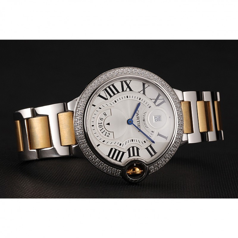 Swiss Cartier Ballon Bleu Two Timezone White Dial Diamond Case Gold And Silver Bracelet 1453876-2