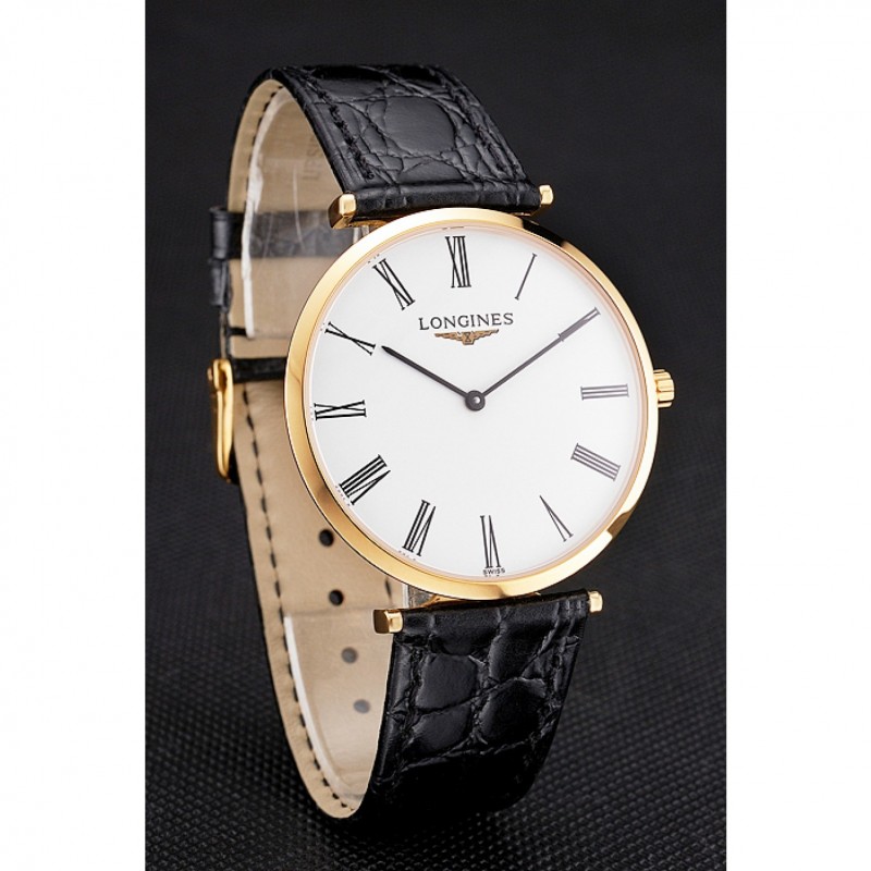 Best Swiss Longines Grande Classique White Dial Roman Numerals Gold Case Black Leather Strap-2