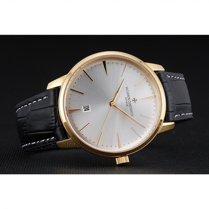 Swiss Vacheron Constantin Patrimony White Dial Gold Case Black Leather Bracelet 1454177-4