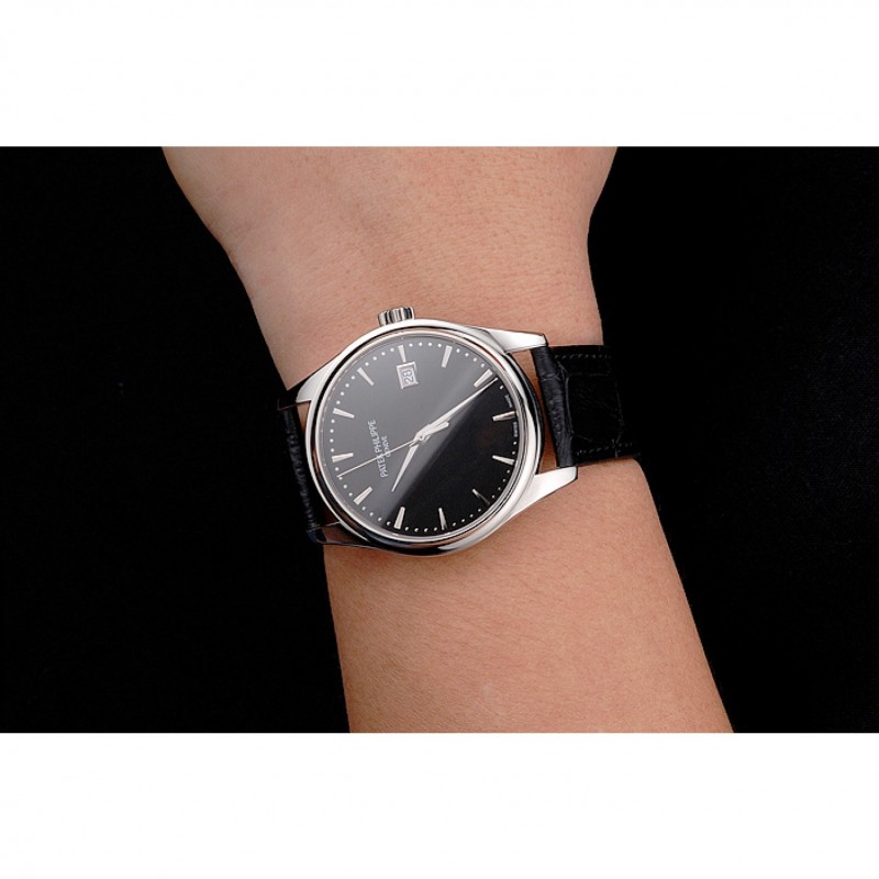 Swiss Patek Philippe Calatrava Black Dial Stainless Steel Case Black Leather Strap-8