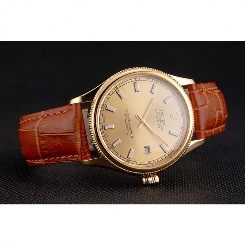 AAA Swiss Rolex Datejust Gold Dial Gold Case Light Brown Leather Strap-4