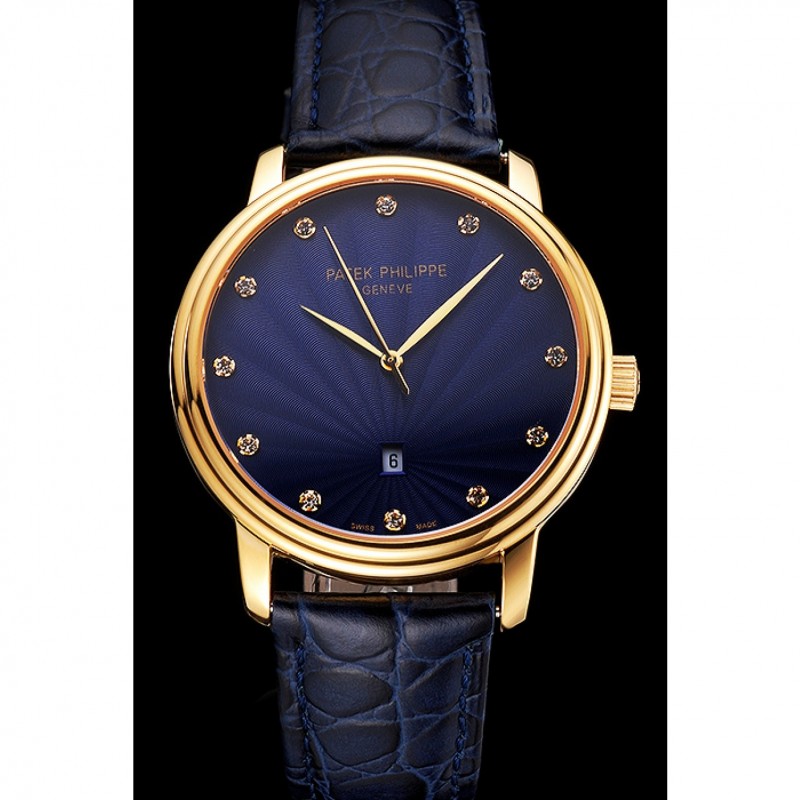 Patek Philippe Calatrava Date Blue Guilloche Dial Gold Case Blue Leather Strap-1