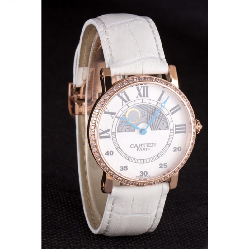 Cartier Moonphase Rose Gold Watch with White Leather Band ct254 621373-2