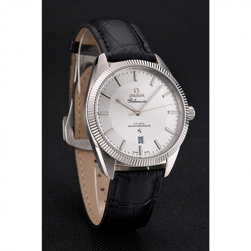 Cheap Omega Globemaster Silver Dial Stainless Steel Case Black Leather Strap-2