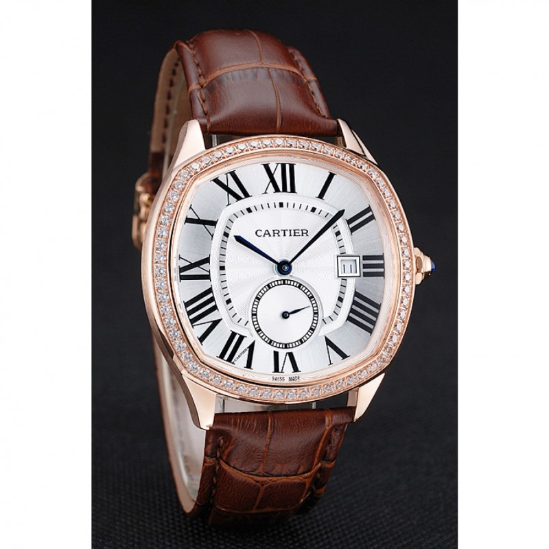 Best Cartier Drive De Cartier White Dial Silver Diamond Case Brown Leather Bracelet 1454216-2