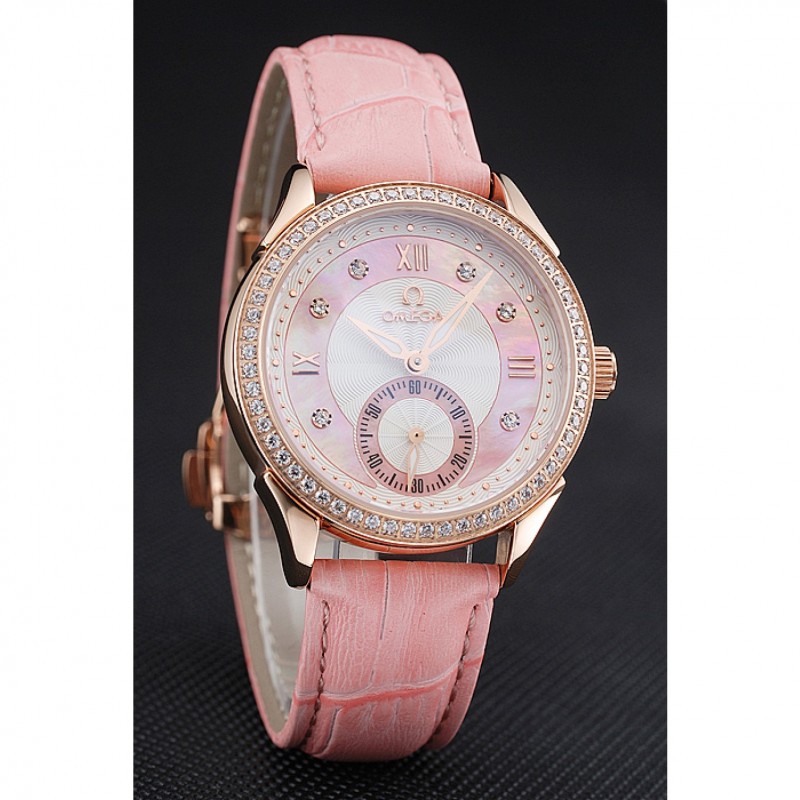 Cheap Omega DeVille Prestige Pink Dial Gold Diamond Case Pink Leather Bracelet 1454126-2