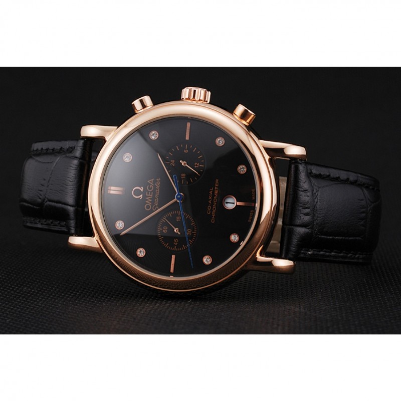 Omega Seamaster Vintage Chronograph Black Dial Diamond Hour Marks Rose Gold Case Black Leather Strap-3