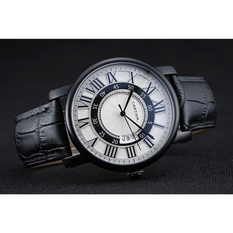 Cartier Rotonde White And Black Dial Black Case Black Leather Bracelet 1454219-4
