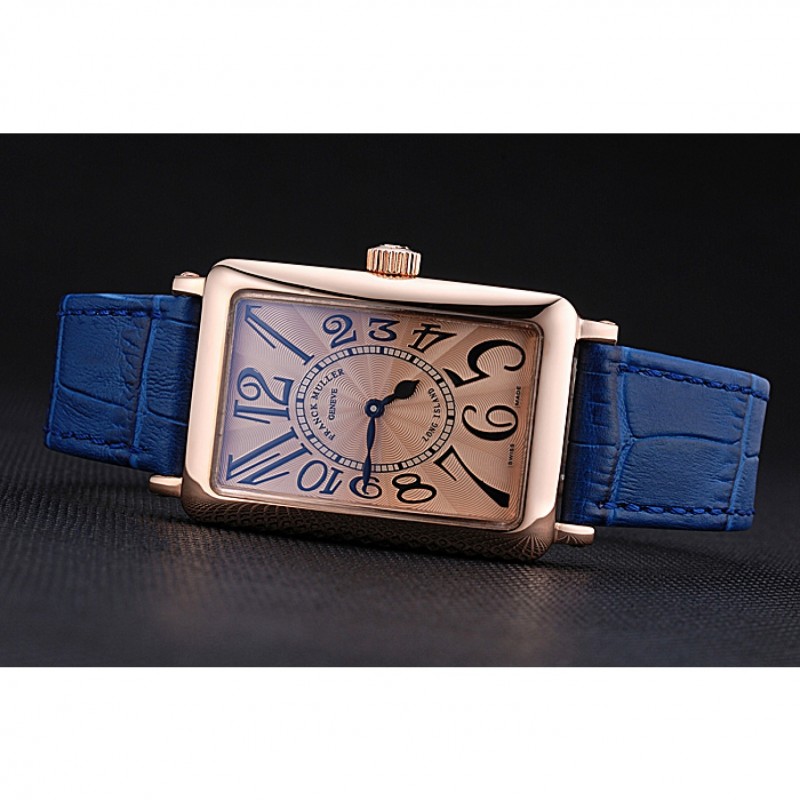 Franck Muller Long Island Classic Gold Dial Gold Case Blue Leather Band 622367-3