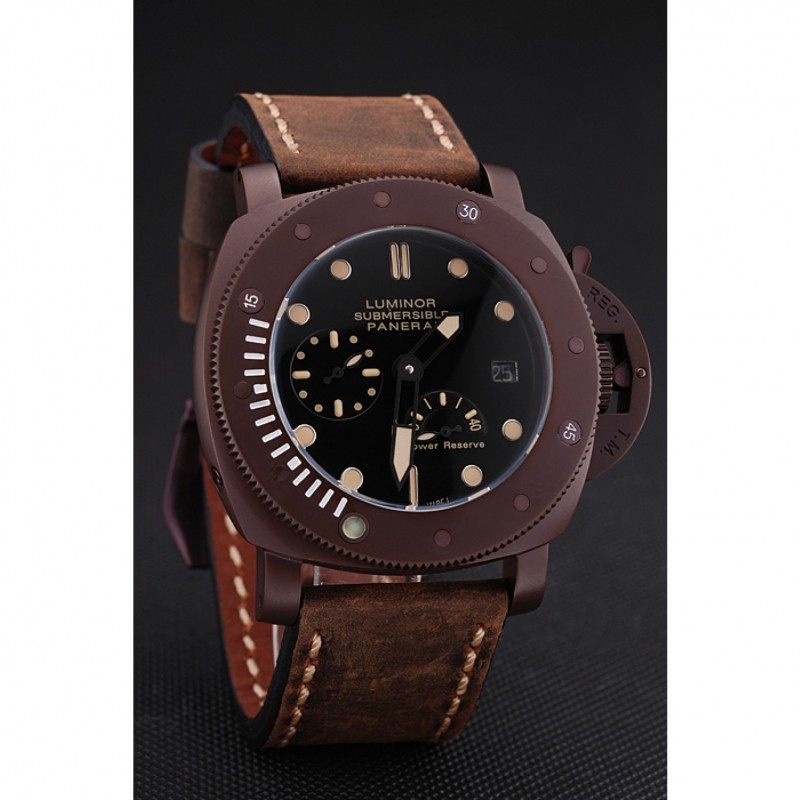 Cheap Replica Watches Panerai Luminor Submersible Black Dial Brown Case Brown Leather Strap-2